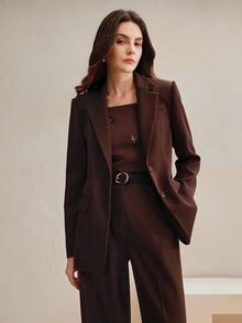 Anewsta Essential 2pcs Women Suit Set, Maillard Color Blazer Jacket + Straight Leg Pants - Coffee Brown - View 4