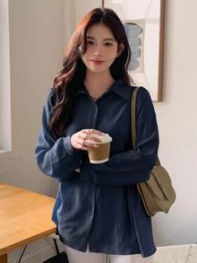 DAZY 女春夏纯色灯笼袖休闲宽松衬衫配腰带，秋装长袖上衣 - 藏蓝色 - 查看 5