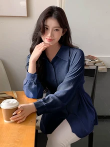 DAZY 女春夏纯色灯笼袖休闲宽松衬衫配腰带，秋装长袖上衣 - 藏蓝色 - 查看 4
