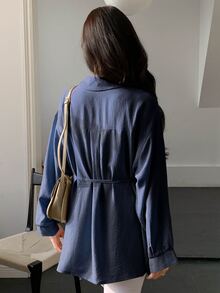 DAZY 女春夏纯色灯笼袖休闲宽松衬衫配腰带，秋装长袖上衣 - 藏蓝色 - 查看 2