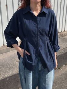 DAZY 女春夏纯色灯笼袖休闲宽松衬衫配腰带，秋装长袖上衣 - 藏蓝色 - 查看 6