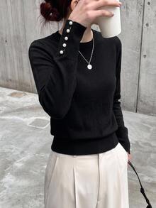DAZY Button Cuff Round Neck Jumper - Black - View 9