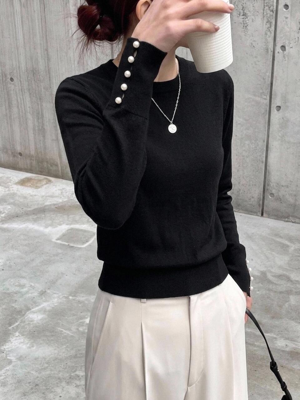 Business Casual Style Decorated Button Solid Color Long Sleeve Sweater,Long Sleeve Tops,Fall Clothes