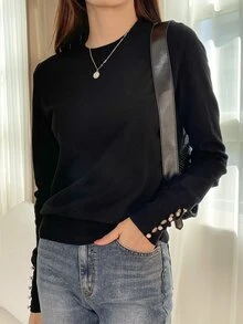 DAZY Button Cuff Round Neck Jumper - Black - View 3