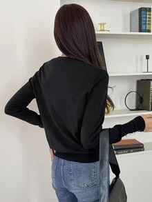 DAZY Button Cuff Round Neck Jumper - Black - View 2