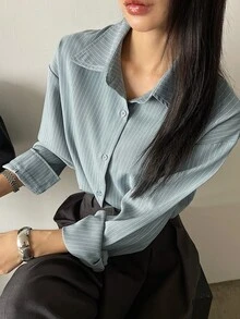 DAZY 女式宽松条纹休闲/校园衬衫学院风上衣，秋季女装长袖上衣 - 霧霾藍 - 查看 6