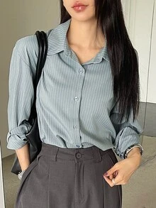 DAZY 女式宽松条纹休闲/校园衬衫学院风上衣，秋季女装长袖上衣 - 霧霾藍 - 查看 3