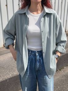 DAZY 女式宽松条纹休闲/校园衬衫学院风上衣，秋季女装长袖上衣 - 霧霾藍 - 查看 11