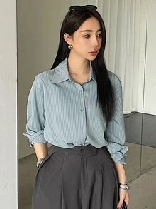 DAZY 女式宽松条纹休闲/校园衬衫学院风上衣，秋季女装长袖上衣 - 霧霾藍 - 查看 4