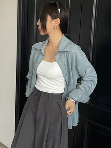 DAZY 女式宽松条纹休闲/校园衬衫学院风上衣，秋季女装长袖上衣 - 霧霾藍 - 查看 8