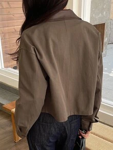 DAZY 女士标准休闲短款夹克，PU领拼接设计，秋季女装外套 - 棕色 - 查看 2