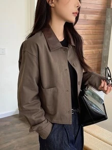 DAZY 女士标准休闲短款夹克，PU领拼接设计，秋季女装外套 - 棕色 - 查看 5