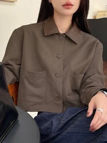 DAZY 女士标准休闲短款夹克，PU领拼接设计，秋季女装外套 - 棕色 - 查看 7