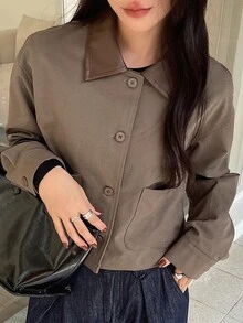 DAZY 女士标准休闲短款夹克，PU领拼接设计，秋季女装外套 - 棕色 - 查看 8