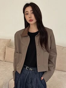 DAZY 女士标准休闲短款夹克，PU领拼接设计，秋季女装外套 - 棕色 - 查看 3