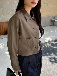 DAZY 女士标准休闲短款夹克，PU领拼接设计，秋季女装外套 - 棕色 - 查看 9