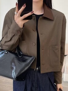 DAZY 女士标准休闲短款夹克，PU领拼接设计，秋季女装外套 - 棕色 - 查看 4