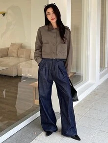DAZY 女士标准休闲短款夹克，PU领拼接设计，秋季女装外套 - 棕色 - 查看 6
