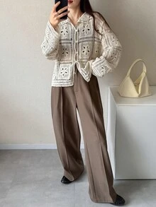 FRIFUL Cardigan Wanita Warna Polos Kasual Serbaguna untuk Pemakaian Sehari-hari, Liburan Musim Gugur - Krem - View 6