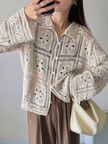 FRIFUL Cardigan Wanita Warna Polos Kasual Serbaguna untuk Pemakaian Sehari-hari, Liburan Musim Gugur - Krem - View 3