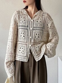 FRIFUL Cardigan Wanita Warna Polos Kasual Serbaguna untuk Pemakaian Sehari-hari, Liburan Musim Gugur - Krem - View 1