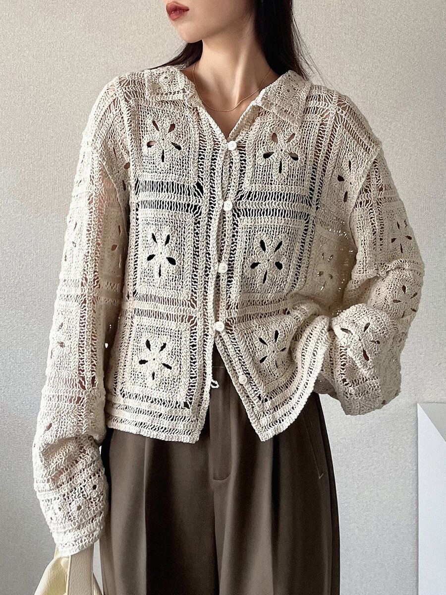 FRIFUL Cardigan Wanita Warna Polos Kasual Serbaguna untuk Pemakaian Sehari-hari, Liburan Musim Gugur - Krem - View 1