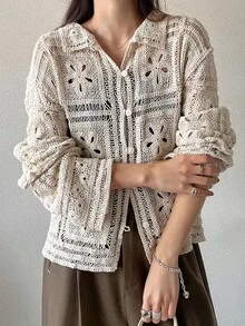 FRIFUL Cardigan Wanita Warna Polos Kasual Serbaguna untuk Pemakaian Sehari-hari, Liburan Musim Gugur - Krem - View 5