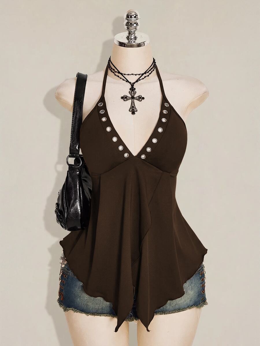 SHEIN ICON Women's Solid Color Eyelet Design Sexy Halter Neck Tank Top - Brown - View 1