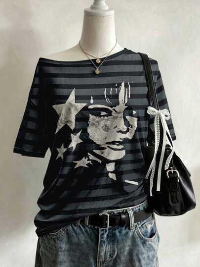 IslaSuriya Cropped Top Estilo Y2K Harajuku com Estampa de Pentagrama e Figura, Camiseta Ombro de Fora para Mulheres, Adequado para Primavera/Verão