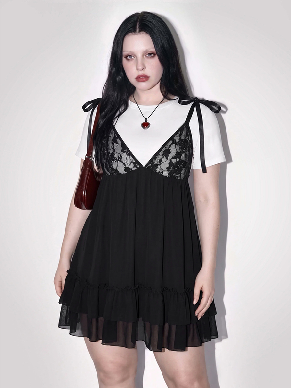 SHEIN ICON Plus Size Retro Sexy Millennial Style Y2K Street Casual Fashion Personalized White Loose T-Shirt Black Camisole Lace-Trimmed Mesh Faux Two-Piece Dress