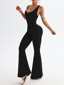 Slayform Slayform 1pc Leopard Print Twisted Back Deep V Flare Jumpsuit,Seamless Yoga Workout Set,Athleisure Gym Summer Black Flared Leggings Pants - Black - View 3