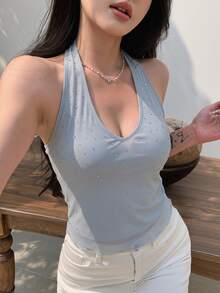 DAZY 女款夏季掛脖灰色調藍色水鑽亮片修身顯瘦婚禮短版背心T恤 Y2K - 藍色 - 查看 5