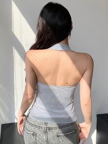 DAZY 女款夏季掛脖灰色調藍色水鑽亮片修身顯瘦婚禮短版背心T恤 Y2K - 藍色 - 查看 7