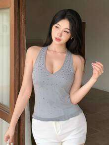 DAZY 女款夏季掛脖灰色調藍色水鑽亮片修身顯瘦婚禮短版背心T恤 Y2K - 藍色 - 查看 8