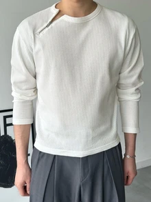 DAZY 男士純色拉鍊設計長袖休閒T恤，夏季 - 白色 - 查看 4