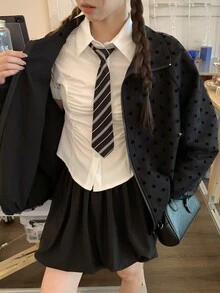 DAZY 女款 2 合 1 透視網布拼接韓風波點長袖外套 - 黑色 - 查看 3