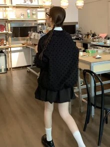 DAZY 女款 2 合 1 透視網布拼接韓風波點長袖外套 - 黑色 - 查看 2