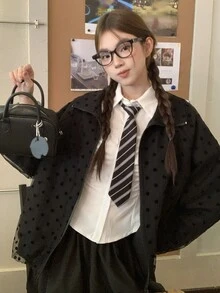 DAZY 女款 2 合 1 透視網布拼接韓風波點長袖外套 - 黑色 - 查看 7