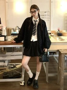 DAZY 女款 2 合 1 透視網布拼接韓風波點長袖外套 - 黑色 - 查看 6