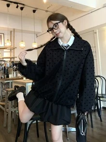 DAZY 女款 2 合 1 透視網布拼接韓風波點長袖外套 - 黑色 - 查看 9