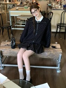 DAZY 女款 2 合 1 透視網布拼接韓風波點長袖外套 - 黑色 - 查看 4