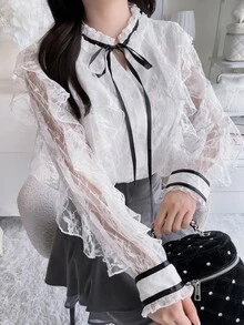 FRIFUL 女款蕾絲拼接荷葉邊繫帶領長袖優雅襯衫，白色，適合婚禮、約會、外出，秋季穿搭 - 灰色 - 查看 6
