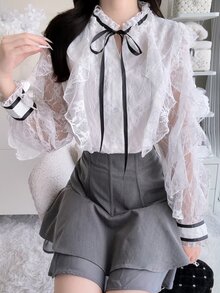 FRIFUL 女款蕾絲拼接荷葉邊繫帶領長袖優雅襯衫，白色，適合婚禮、約會、外出，秋季穿搭 - 灰色 - 查看 7