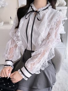 FRIFUL 女款蕾絲拼接荷葉邊繫帶領長袖優雅襯衫，白色，適合婚禮、約會、外出，秋季穿搭 - 灰色 - 查看 8