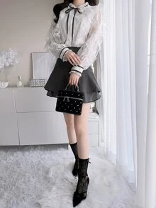 FRIFUL 女款蕾絲拼接荷葉邊繫帶領長袖優雅襯衫，白色，適合婚禮、約會、外出，秋季穿搭 - 灰色 - 查看 3