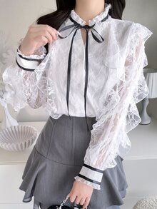 FRIFUL 女款蕾絲拼接荷葉邊繫帶領長袖優雅襯衫，白色，適合婚禮、約會、外出，秋季穿搭 - 灰色 - 查看 5