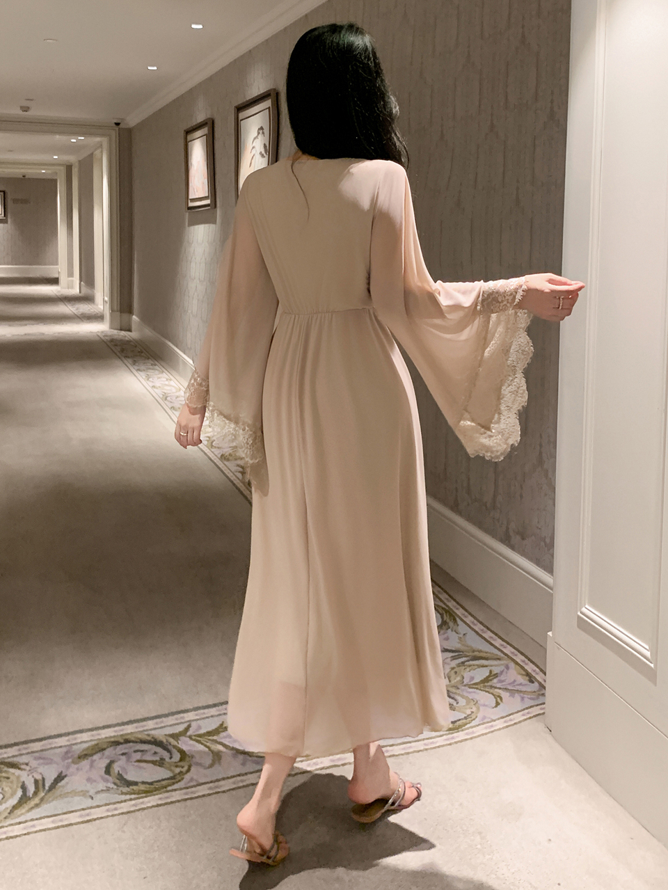 Women's Lace Patchwork V-Neck 3/4 Sleeve Cinched Waist Long Dress Nightgown Fall