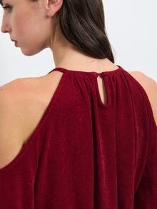 Nöista Red Draped Cold Shoulder Top With Long Sleeves For Party And Elegant Evening Occasions, Dinner Date, Weekend. Fall, Autumn, Winter Top. - Burgundy - View 5