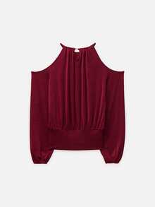 Nöista Red Draped Cold Shoulder Top With Long Sleeves For Party And Elegant Evening Occasions, Dinner Date, Weekend. Fall, Autumn, Winter Top. - Burgundy - View 7