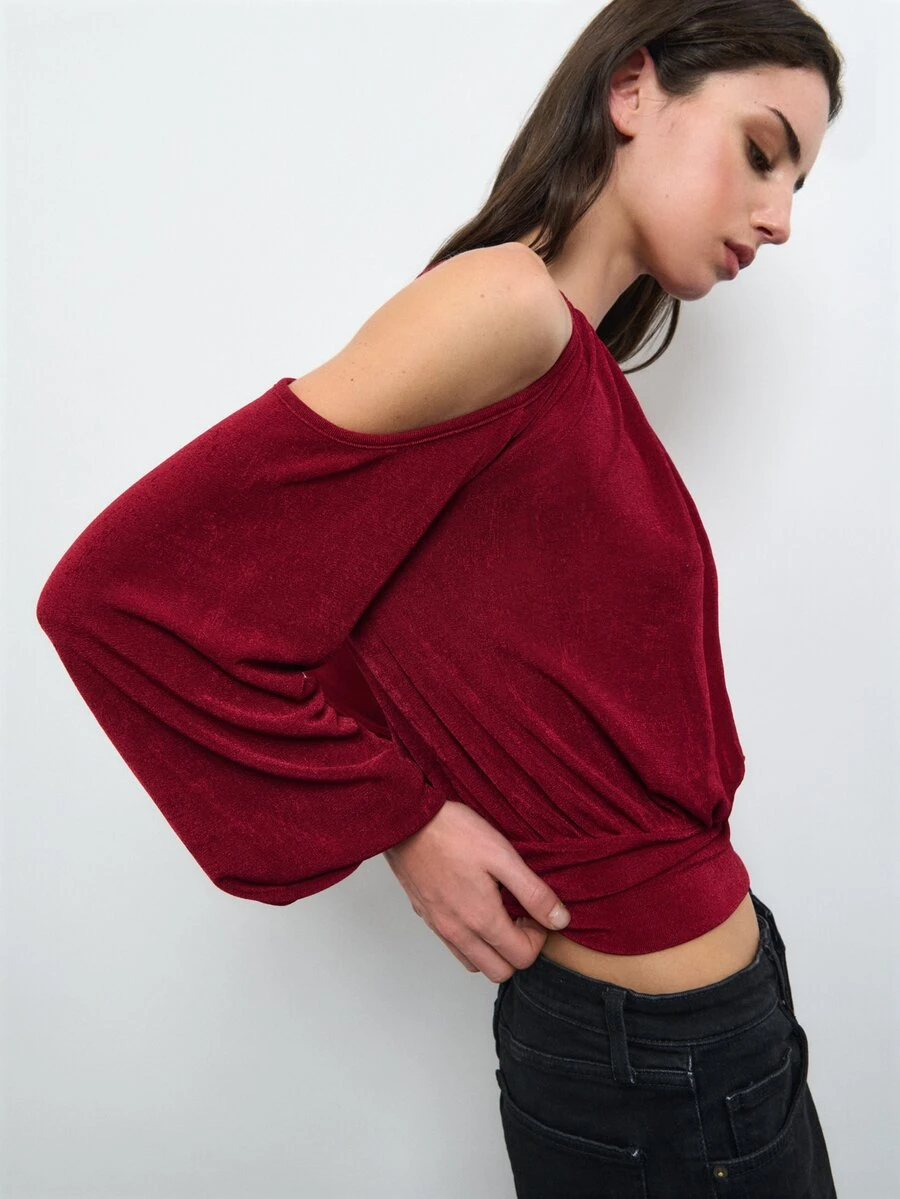 Nöista Red Draped Cold Shoulder Top With Long Sleeves For Party And Elegant Evening Occasions, Dinner Date, Weekend. Fall, Autumn, Winter Top. - Burgundy - View 1